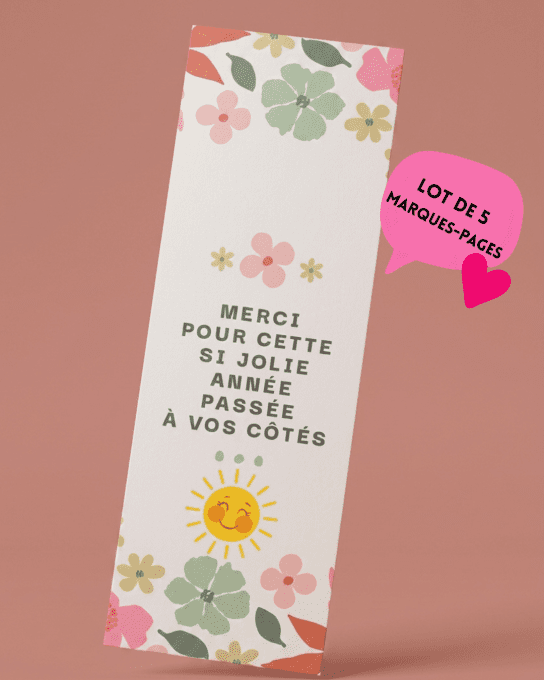 LOT DE 5 MARQUES-PAGES - FIN D'ANNEE SCOLAIRE - MERCI