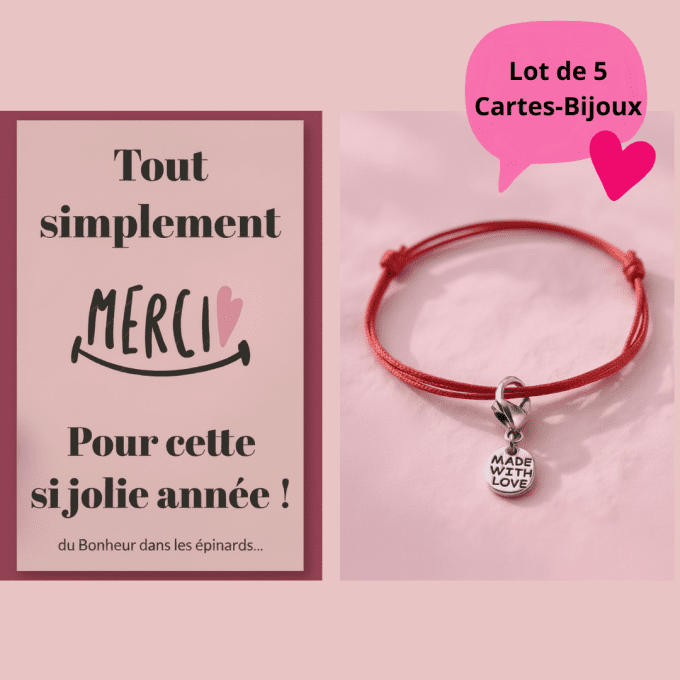 LOT DE 5 CARTES CARTES-BIJOUX- FIN D'ANNEE SCOLAIRE - MERCI