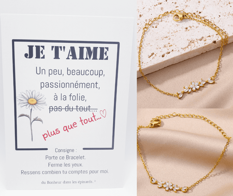 CARTE JE T'AIME UN PEU BEAUCOUP... + BRACELET FLEUR POUR ELLE
