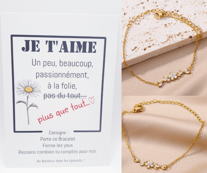 CARTE JE T'AIME UN PEU BEAUCOUP... + BRACELET FLEUR POUR ELLE