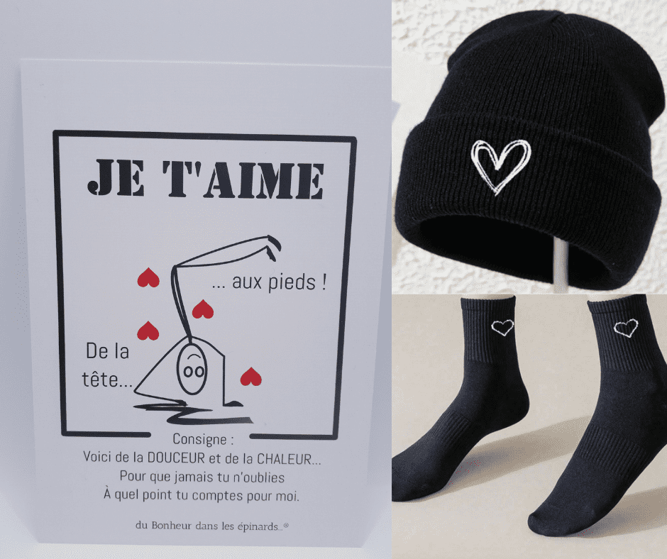 CARTE JE T'AIME DE LA TETE AUX PIEDS + CHAUSSETTES + BONNET POUR LUI