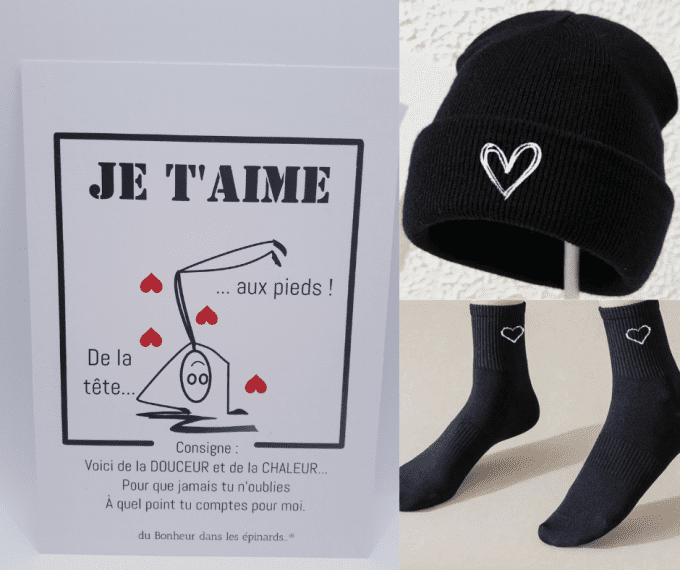 CARTE JE T'AIME DE LA TETE AUX PIEDS + CHAUSSETTES + BONNET POUR LUI