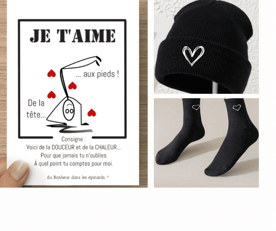CARTE JE T'AIME DE LA TETE AUX PIEDS + CHAUSSETTES + BONNET POUR LUI - R66