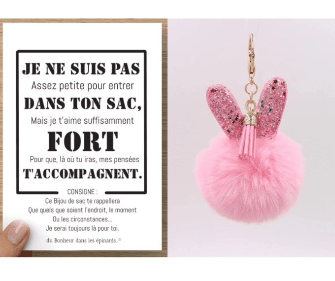 CARTE JE NE SUIS PAS ASSEZ PETITE + 1 BIJOU DE SAC ROSE- S23