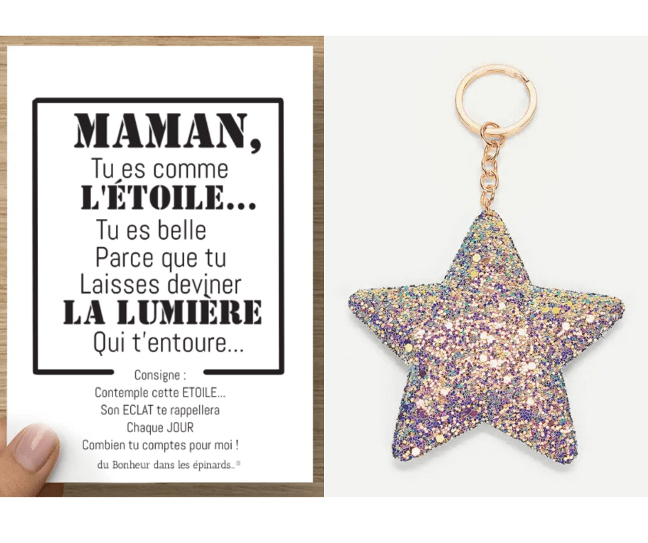 CARTE MAMAN TU ES COMME L'ETOILE+ PORTE CLES  ETOILE  PAILLETTES - F08
