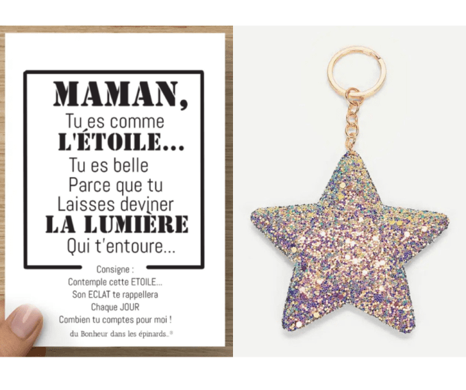 CARTE MAMAN TU ES COMME L'ETOILE+ PORTE CLES  ETOILE  PAILLETTES - F08
