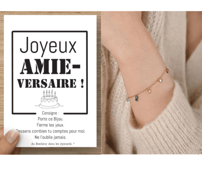 CARTE JOYEUX AMIE-VERSAIRE + 1 BRACELET 7 PIERRES MULTICOLORES - A08