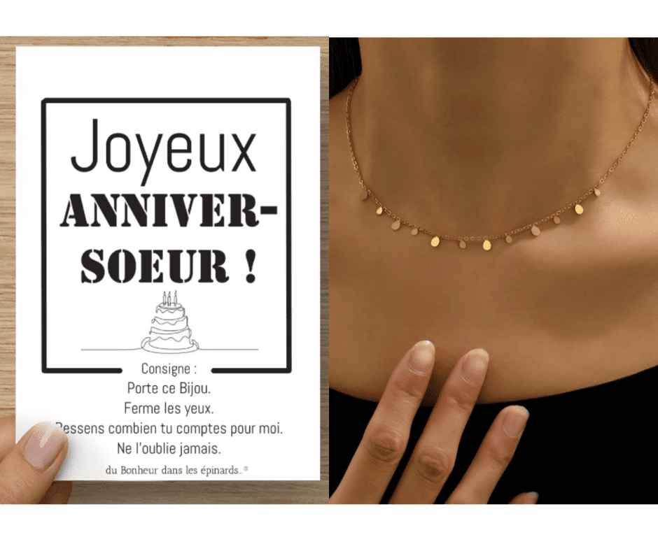 CARTE JOYEUX ANNIVER-SOEUR + 1 COLLIER PAMPILLES - A07