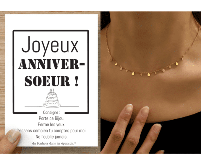 CARTE JOYEUX ANNIVER-SOEUR + 1 COLLIER PAMPILLES - A07