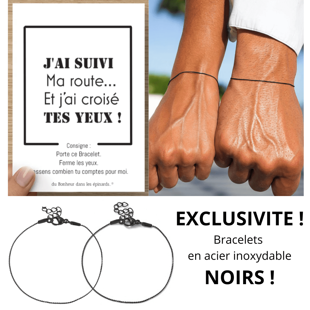 CARTE J'AI SUIVI MA ROUTE + 2 BRACELETS COUPLE - ACIER INOXYDABLE - NOIR