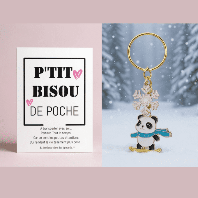 CARTE P'TIT BISOU DE POCHE + PORTE CLES PANDA EN HIVER - S28 