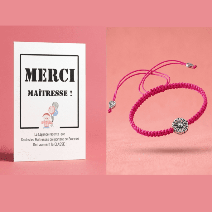 CARTE MERCI MAITRESSE + BRACELET JOLIE FLEUR - ROSE