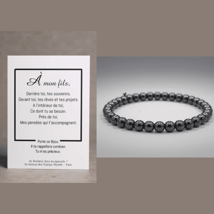 CARTE A MON FILS + BRACELET PERLES NOIRES - F44