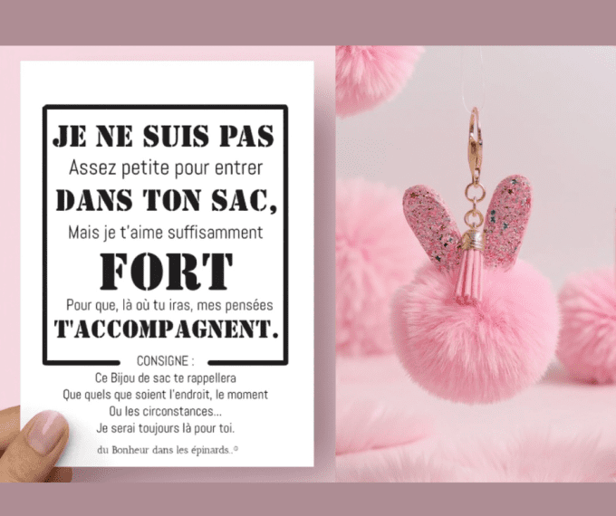CARTE JE NE SUIS PAS ASSEZ PETITE + 1 BIJOU DE SAC ROSE- S23