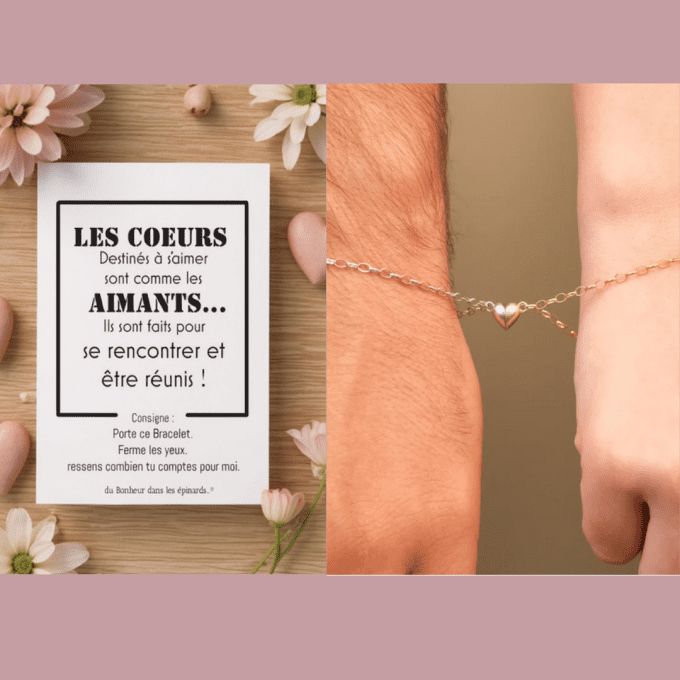 CARTE LES COEURS DESTINES + 2 BRACELETS COEUR MAGNETIQUE - R25