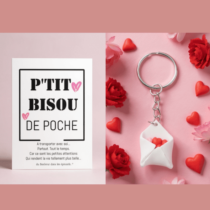 CARTE P'TIT BISOU DE POCHE + PORTE CLES ENVELOPPE COEURS - S28