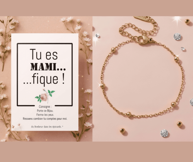 CARTE MAMIFIQUE + BRACELET PERLES DOREES - F13
