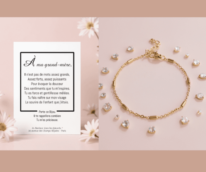 CARTE A MA GRAND-MERE + BRACELET PERLES TUBULAIRES doré ou argenté - F43 