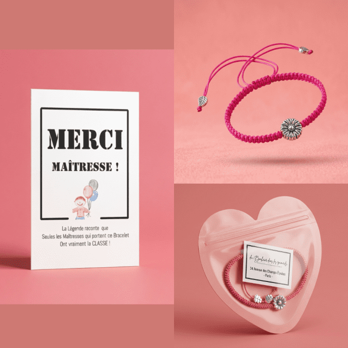 CARTE MERCI MAITRESSE + BRACELET JOLIE FLEUR - ROSE