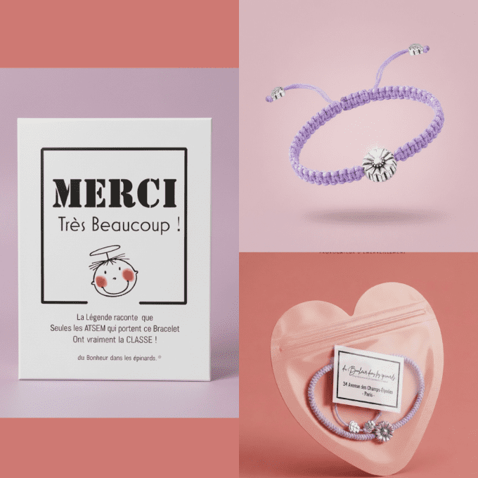 CARTE MERCI MAITRESSE OU ATSEM + BRACELET JOLIE FLEUR 