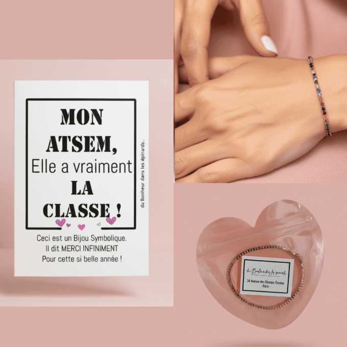 CARTE MAITRESSE - ATSEM - NOUNOU + BRACELET PIERRES FINES