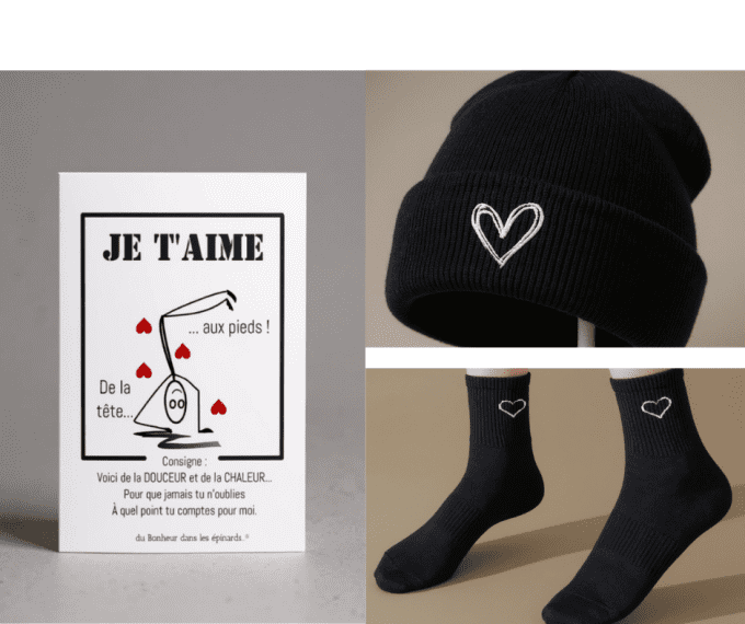 CARTE JE T'AIME DE LA TETE AUX PIEDS + CHAUSSETTES + BONNET POUR LUI - R66
