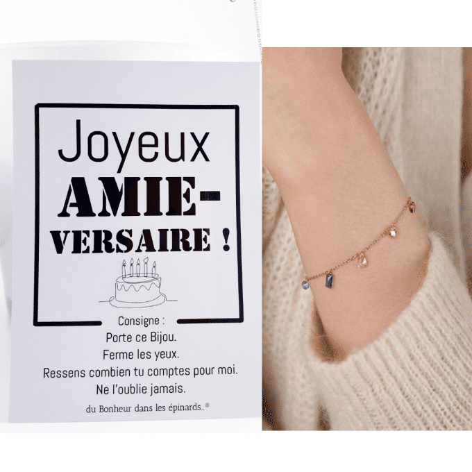 CARTE JOYEUX AMIE-VERSAIRE + 1 BRACELET 7 PIERRES MULTICOLORES - A08