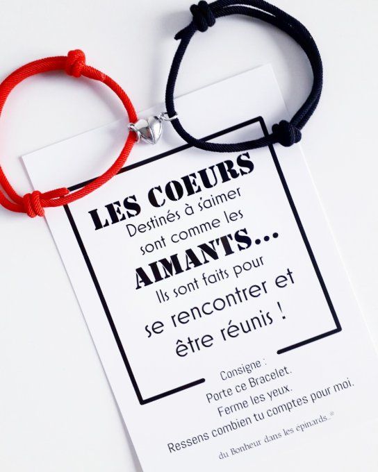 CARTE LES COEURS DESTINES + 2 BRACELETS AIMANTS ROUGE & NOIR - R25