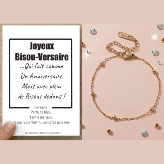 CARTE BISOU VERSAIRE + BRACELET PERLES DOREES - FEMME - A04