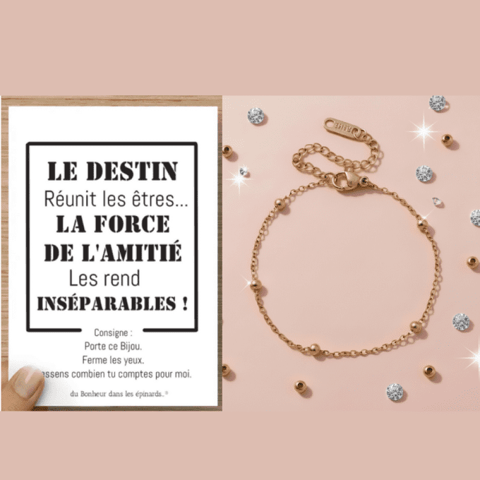 CARTE LE DESTIN REUNIT LES ETRES + 1 BRACELET PERLES DOREES - S13