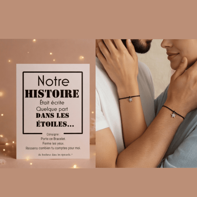 CARTE NOTRE HISTOIRE + 2 BRACELETS ETOILES - R48